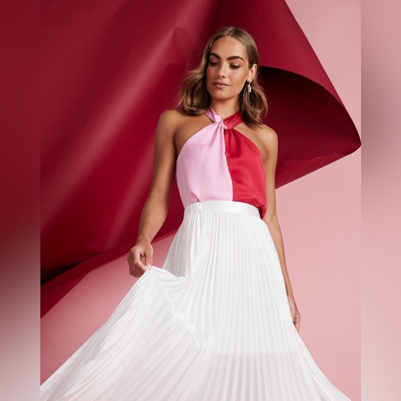 PORTMANS Spliced Pink Red Satin Halter Neck Top Blouse NWT - Picture 2 of 11